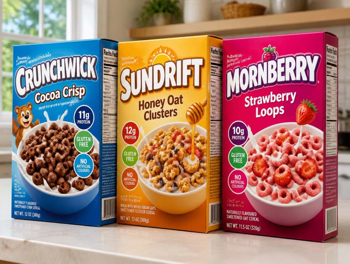 Three cereal boxes in plain packaging on a kitchen counter